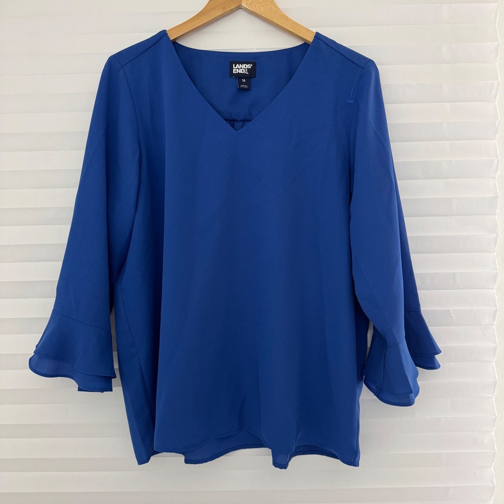 Lands End‎ Womens Royal Blue V-Neck Tiered Bell Sleeve Blouse Top Size 16